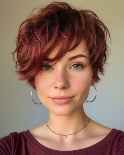 20 Stunning Auburn Pixie Haircuts to Transform Your Look Pixie Burgundy Hair, Red Long Pixie Haircut, Funky Bob Haircut, Cowboy Copper Pixie, Pixie Haircut Girl, Bixie Colour Haircut 2024, Auburn Pixie, Burgundy Pixie, Mullet Pixie