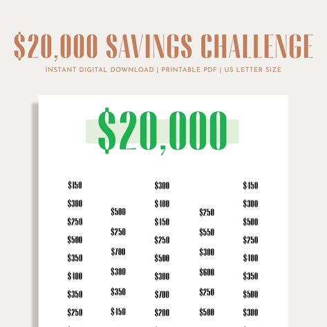 Reach your $20,000 savings goal with this money challenge! Just cross off the amounts as you save! Instant Digital Download includes 8.5" x 11" Printable PDF. No physical products will be shipped. 15k Savings Challenge, Weekly Savings Chart, 20k Savings Challenge, 52 Week Money Challenge, Saving Money Chart, Savings Chart, 52 Week Savings Challenge, Money Sense, Savings Goal