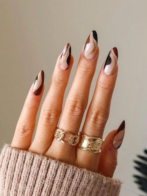 Multicolor  Collar    Color Nails Embellished   Nail,Hand & Foot Care French Tip Nails Dark Colors, Brown Black French Nails, Dark Brown Nail Art, Nail Black French, Fake Press On Nails, Fake Acrylic Nails, Nails Medium Almond, Nail Black, Black French Nails