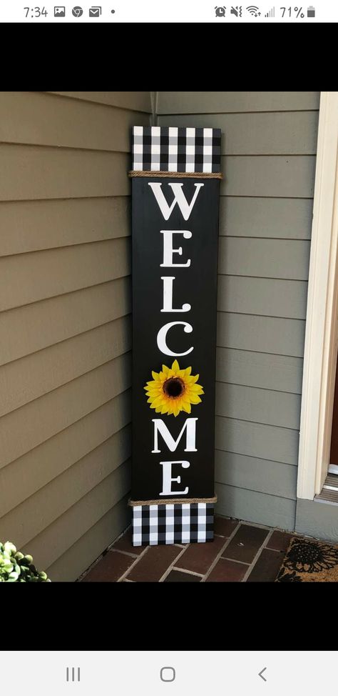 Outdoor Board Signs, Tall Porch Signs Diy, Welcome Porch Leaner Sign, Sunflower Signs Diy, Welcome Leaner Signs, Painted Welcome Signs On Wood, Spring Porch Leaners, Painted Boards Ideas, Welcome Sign Front Door Diy Ideas