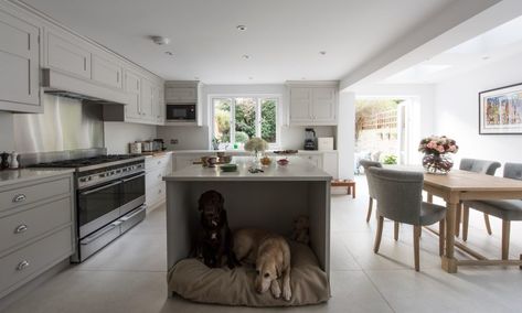 Open plan grey shaker kitchen with dog cubby Wevet Farrow And Ball, All White Farrow And Ball, Apartment Vintage, Farrow And Ball Kitchen, Grey Shaker Kitchen, Village Road, Dogs Bed, Kitchen Extensions, Villa Apartment