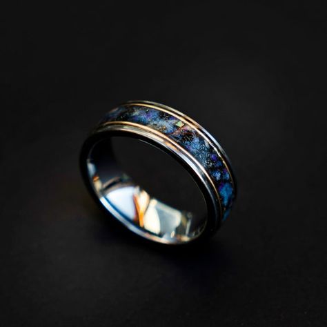 Blue And Gold Wedding Bands For Men, Blue Men’s Wedding Ring, Wedding Ring Men Blue, Mens Wedding Bands Space, Men’s Galaxy Wedding Band, Mens Lapis Lazuli Ring, Male Wedding Bands Sapphire, Male Wedding Bands Unique, Alexandrite Wedding Band Men