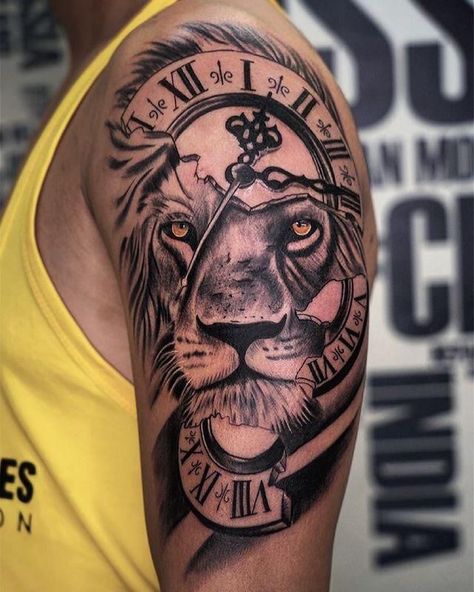 Old Clock Tattoo, Date Tattoo Ideas, Eagle Chest Tattoo, Tiger Hand Tattoo, Lion Shoulder Tattoo, Belly Button Tattoo, Date Tattoo, Lion Art Tattoo, Be Brave Tattoo