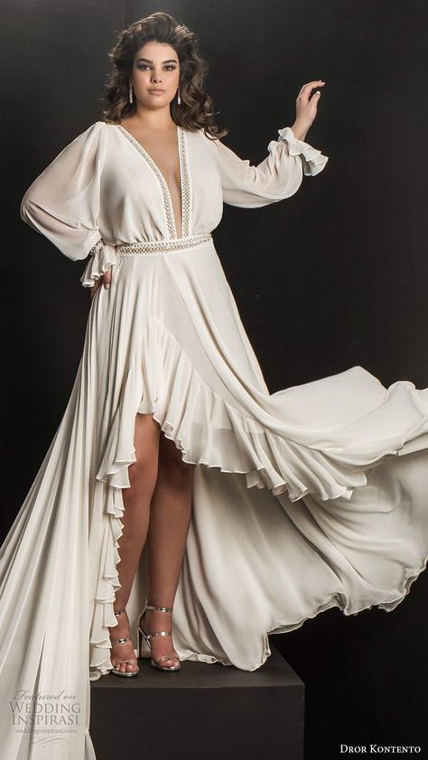 Weddinginspirasi.com featuring - dror kontento 2019 bridal long poet sleeves plunging v neckline minimally embellished high low ruffle skirt a line wedding dress cathedral train (6) mv  -- Dror Kontento 2019 Plus Size Wedding Dresses  #wedding #weddings #bridal #weddingdress #weddingdresses #bride #fashion #label:DrorKontento #plus-size #week:482019 #year:2019 ~ Curvy Bride Dress, Wedding Dress Cathedral Train, Wedding Dress Cathedral, Plus Wedding Dresses, Skirt A Line, Wedding Inspirasi, Plus Size Wedding Dresses, Plus Size Wedding Gowns, Cathedral Train