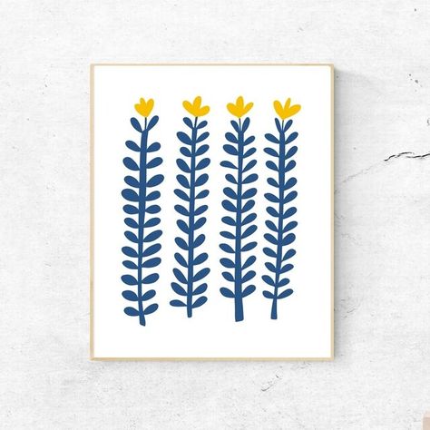 IliriArt - Etsy Blue Flower Art, Scandinavian Wall Decor, Blue Plants, Navy Blue Flowers, Mid Century Wall Art, Yellow Wall Art, Abstract Botanical, Scandinavian Wall Art, Minimalist Art Print