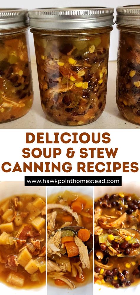 These canning recipes for homemade soups and stews are easy to make and they turn out delicious. Canning homemade soups saves money, but it is also healthier than buying canned soups from the grocery store, because you know what is going into your soup. No preservatives are added, you can add how much salt or no salt, plus you can season the soup to your preference. Plus they taste so much better!! Canning Vegetable Soup With Meat, Food Canning Ideas, Vegan Pressure Canning Recipes, Soup Recipes To Can, Canning Stuffed Pepper Soup, Canning How To, Usda Canning Recipes, Pressure Canning Cabbage Recipes, Fun Canning Recipes