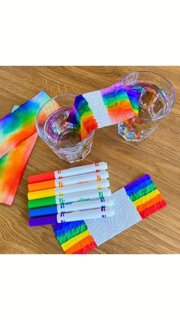 Sally on Instagram: "Easy Rainbow Science Experiment This was such an engaging but simple experiment that we ended up doing over and over again. I started out by colouring rainbows on either end of a strip of kitchen towel using our @crayola_uk super tips. We then put the coloured ends of the kitchen towel into two small glasses of water, and watched the ink rise up the paper. Jessica loved watching this. Jessica was then keen to create her own patterns on the paper towel, and she repeated t Rainbow Science Experiment, Rainbow Science, Rainbow Experiment, Paper Tower, Liquid Paper, Super Tips, Glasses Of Water, Rainbow Activities, After School Club