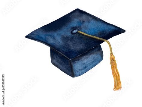 Stock Image: Black Graduation cap with yellow tassel, watercolor illustration hand drawn brush paint on paper isolated on white.  Education concept. Grad Cap Illustration, Black Graduation, Jungle Birthday Party, Paint On Paper, Brush Paint, Graduation Hat, Jungle Birthday, Scrapbook Templates, Grad Party