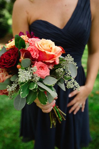 Southern Virginia Estate Wedding  on WeddingWire Prom Bouquet Navy Dress, Southern Virginia, Homecoming Flowers, Fall Prep, Navy Blue Bridesmaids, Lush Wedding, Fall Bouquet, Red Wedding Theme, Autumn Weddings