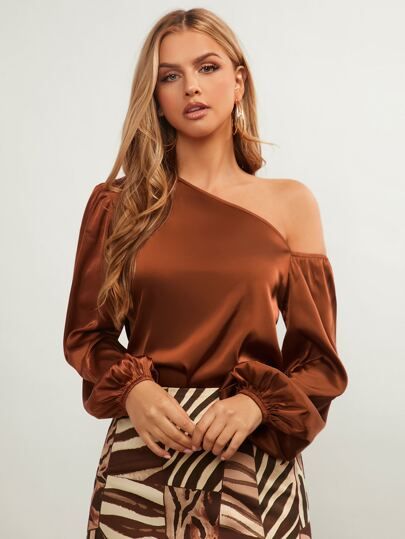 Free Returns ✓ Free Shipping On Orders $49+ ✓. SHEIN BAE Asymmetrical Neck Lantern Sleeve Satin Top- Women Blouses at SHEIN. Satin Top Blouses, Lantern Sleeve Top, Lantern Sleeved Blouses, Crochet Maxi Dress, Satin Blouses, Plain Tops, Cold Shoulder Blouse, Satin Top, Women Blouses