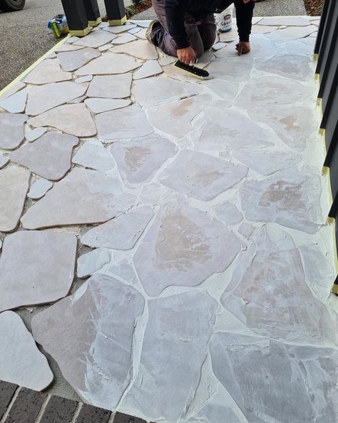 TileCloud on Instagram: “@thelapilliproject has tiled her Clovelly crazy paving and has started to grout. They have decided to go with white grout !!!! 👏👏👏” Crazy Pavers, Yard Remodel, White Grout, Outdoor Bbq Area, Crazy Paving, Beautiful Outdoor Living Spaces, Cottage Modern, Outdoor Living Design, Garden Architecture