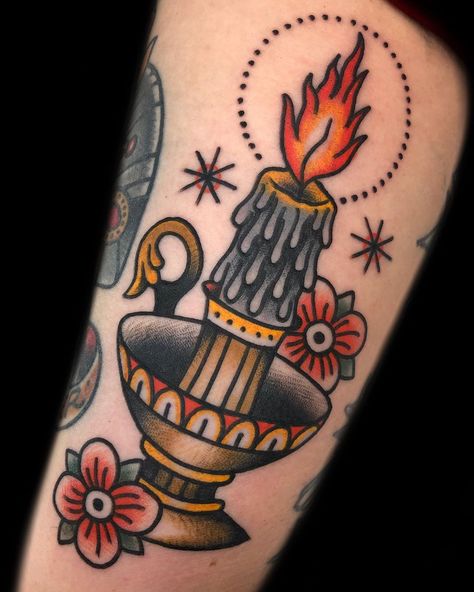 #AARONFRANCIONE #TATTOO #traditionaltattoo #candle #vintage #victorian #candlestick #occult #mystical Hand Holding Letter Tattoo, Book And Candle Tattoo, Candle Stick Tattoo, Candelabra Tattoo, Victorian Tattoo Vintage, New Orleans Tattoo Ideas, Burning Candle Tattoo, Victorian Candlestick, Traditional Candle Tattoo