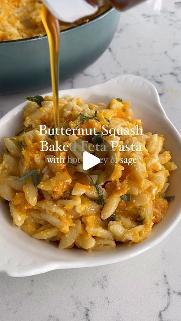 MacKenzie Smith on Instagram: "If you loved the original viral baked feta pasta, you will love this winter version!! Instead of the OG tomato recipe, we’re pairing the feta with butternut squash, hot honey, sage and garlic and the results are NUTS! This easy dinner recipe is sweet, spicy, savory, salty and cheesy and just what my body craves on cold nights like these!  Comment “RECIPE PLZ” to get the full recipe sent straight to your inbox!  ⭐️ 5 cups butternut squash - about 1 large butternut squash ⭐️ 1/4 cup olive oil plus more for drizzling ⭐️ 2 hefty pinches salt (just shy of 1/2 tsp  ⭐️ 1 block feta cheese, around 8 oz ⭐️ 1 lb pasta, such as Rotini  ⭐️ 10 sage leaves, minced ⭐️ 3 garlic cloves, finely minced ⭐️ 1 tbsp hot honey  ⭐️ salt and pepper  OR snag the rest of the recipe by g Winter Squash And Spinach Pasta Bake, Butternut Squash Feta Pasta, Food Pescatarian, Spinach Pasta Bake, Mackenzie Smith, Baked Feta Pasta, Vegetarian Ideas, Tomato Recipe, Butternut Squash Pasta