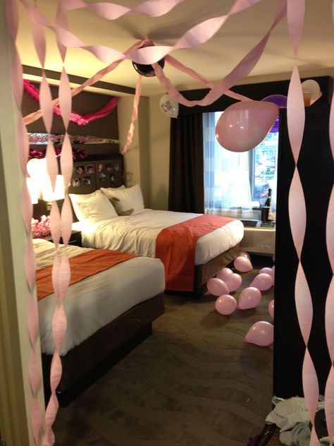 @Kimberly Peterson Wood May give you something to do during the day??  Bachelorette party decorations Hotel Sleepover Party, Bachelor Ideas, Hotel Room Decoration, Hotel Birthday Parties, Birthday 13, Birthday Room Decorations, Fun List, Sleepover Birthday Parties, 10 Birthday