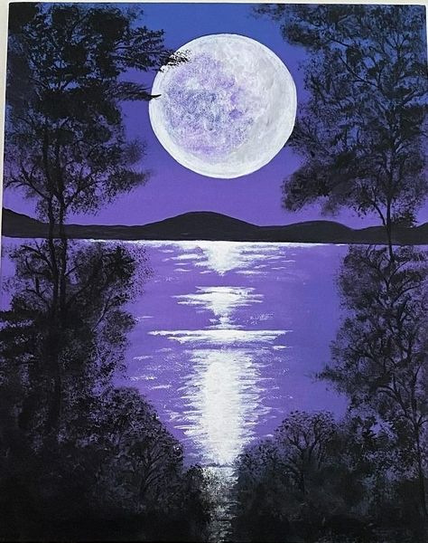 Easy Paintings For Big Canvases, Moon Reflection On Water Painting, Animal Paintings Acrylic, Canvas Art Painting Abstract, Moonlight Painting, Acrylic Art Projects, Canvas Drawing, Silhouette Painting, Diy Watercolor Painting