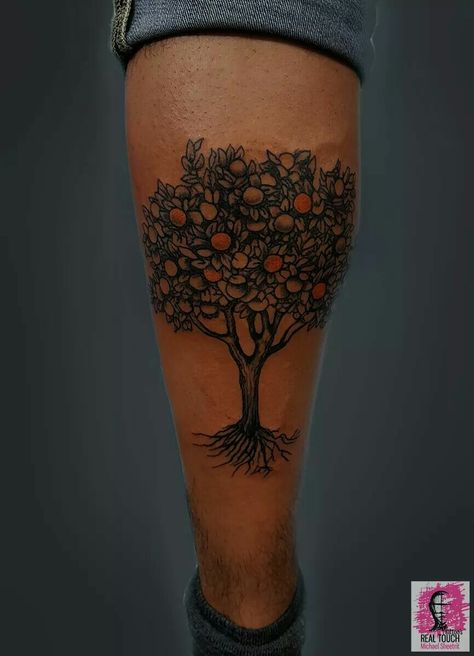 Orange tree tattoo Orange Tree Tattoo, Clementine Tree, Tree Tattoo Black, Whimsical Tattoos, Neo Tattoo, Mango Tree, Orange Tree, Tree Tattoo, Skin Art