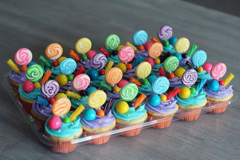 Satisfied by Candy Cupcakes 2018 Candy Cupcakes Ideas, Wonka Cupcakes, Candyland Treats, Candyland Cupcakes, Sweetie Cupcakes, Candy Cupcakes, Lollipop Birthday, Rainbow Board, 7th Birthday Cakes