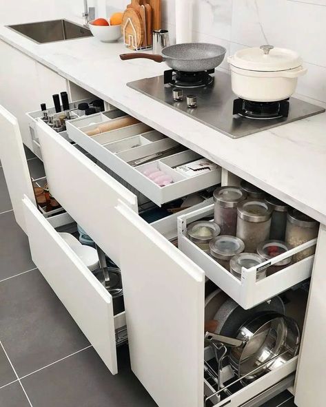 These kitchen drawers have multiple compartments for the ultimate kitchen storage experience. // Photo Credit:// Instagram @ALLUREKITCHENCABINETRY Kitchen Cabinets Storage Organizers, Vintage Kitchen Gadgets, Modern Kitchen Design Grey, Ultimate Kitchen, White Kitchen Island, Storage Idea, Kitchen Design Modern White, Diy Kitchen Furniture, Modern Kitchen Design Open Concept