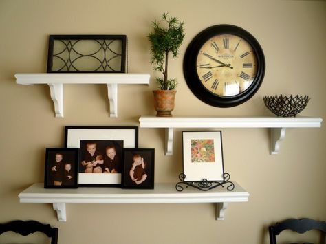 picture and shelves on wall together | It all started after being inspired by Thrifty Decor Chick's shelves ... Wall Shelves Living Room, Wall Shelves Bedroom, Floating Shelves Living Room, Thrifty Decor Chick, Framed Photos, Decor Ikea, Wooden Wall Shelves, Regal Design, Wall Shelves Design