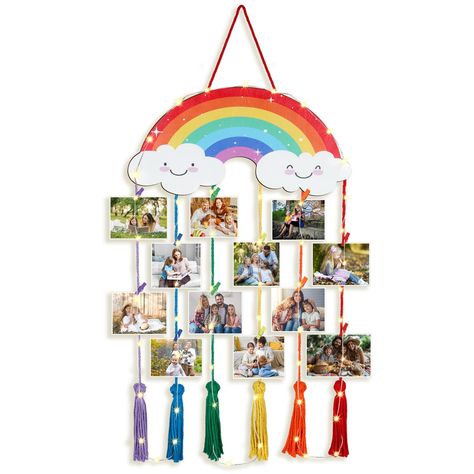 PRICES MAY VARY. Rainbow Hanging Photo Display: you will get a rainbow photo hanging display equipped with 5 tassel rope and 30 clips which can hang multiple photos to meet the needs of multi pictures display; With 2 LED light strings, the display is more romantic and heartwarming Wooden Material: the rainbow photo hanging display is mainly made of quality wood, with fine workmanship and clear printing, nice and reusable, making it convenient to hang on the wall and keep for a long time Easy to Picture Collage Board, Boho Picture Frame, Family Wall Collage, Hanging Photo Display, Room Decor Hanging, Kindergarten Decoration, Classroom Setup Elementary, Rainbow Hanging, Kindergarten Decorations