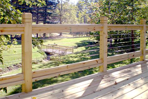 rustic deck railings | Deck Railing Photo Gallery - Stainless Steel Cable Railing Wire Railing, Porch Rails, Rustic Deck, Deck Handrail, Steel Cable Railing, Stainless Steel Cable Railing, Deck Railing Design, Wooden Deck, Deck Railing