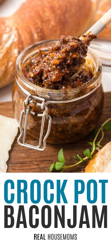 Delicious Crock Pot Bacon Jam is a sweet and savory spread you'll love. It's the perfect addition to eggs, sandwiches, burgers, and more! #RealHousemoms #crockpot #baconjam #slowcooker #bacon #jam #summertime #bestcrockpotrecipes Best Bacon Jam Recipe, Bacon Jam Recipes, Crockpot Snacks, Bacon Onion Jam, Bacon Jam Recipe, Canning Jam Recipes, Slow Cooker Bacon, Jam Recipes Homemade, Best Crockpot Recipes