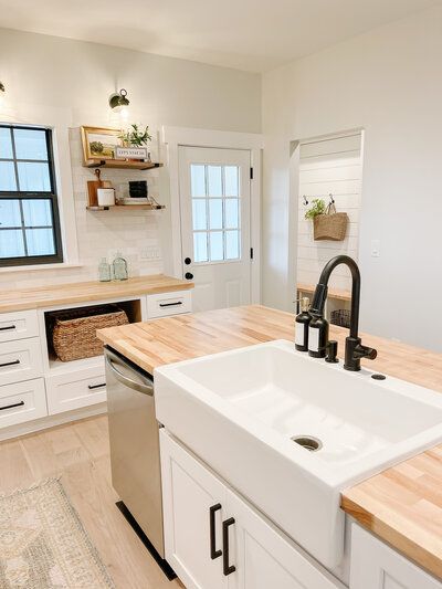 Open Shelving Island, Modern Farmhouse White Kitchen, Kitchen With Butcher Block Counters, Farmhouse White Kitchen, Butcher Block Counters, Kitchen With Open Shelving, Kitchen Butcher Block, Spec Home, Modern Farmhouse Furniture