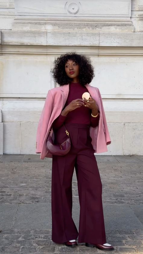 Plum Colored Outfits, Burgundy And Orange Outfit, Pink Burgundy Outfit, Deep Winter Outfits Aesthetic, Pink And Burgundy Outfit, Magenta Outfits, Burgundy Coat Outfit, Magenta Outfit, Pink And Red Outfit