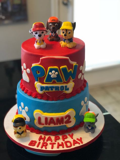 Paw Patrol 2 tier Birthday Cake By: Totally Baked by Nelda Paw Patrol Tier Cake, Paw Patrol Cake 2 Tier, Paw Patrol 4th Birthday Cake, Easy Paw Patrol Cake, Paw Patrol Cake Boy, Paw Patrol Birthday Cake Boys, Paw Patrol Torte, Birthday Cake Boy, Cake Designs For Boy