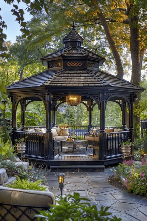 Gazebo Design Outdoor, Backyard Gazebo Ideas, Natural Backyard, Fountain House, Victorian Gazebo, Diy Backyard Projects, Backyard Sanctuary, Beautiful Environment, Gazebo Ideas