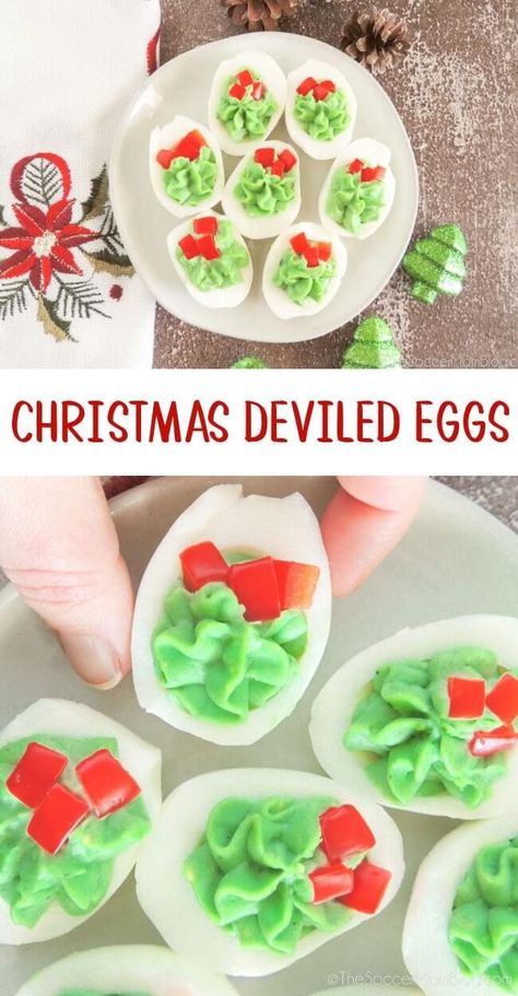 These Christmas Deviled Eggs are the perfect easy and festive appetizer for a holiday party! They look like mini Christmas wreaths! These Christmas deviled eggs are super easy to make, with just a handful of simple ingredients. You might already have most of these items in your fridge and pantry! Whip up this healthy Keto-friendly finger food today! Christmas Deviled Eggs, Kfc Gravy Recipe, Mini Christmas Wreaths, Chia Seed Water, Festive Appetizers, Easy To Make Appetizers, Deviled Eggs Recipe, Bark Recipe, Green Food Coloring