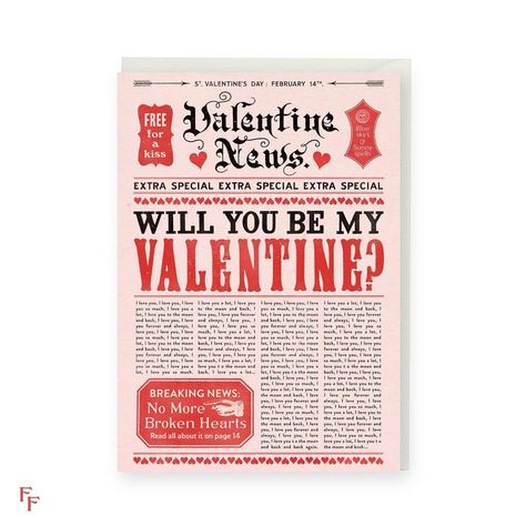 Flora Fricker on Instagram: “Breaking news! I have designed a Valentine’s Day newspaper greeting card. They will be available to buy from my shop tomorrow. Go spread…” Newspaper Valentines, Will You Be My Valentine Newspaper, Valentines Newspaper, Valentines Day Newspaper, Valentines Journal, Valentine’s Day Notes, Be My Valentine Card, Card News, Will You Be My Valentine Poster Ideas