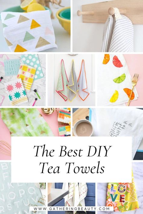 Want to know how to make your own DIY tea towels? These quick and easy tutorials will show you to whip up a simple cotton dish towel in no time. You’ll learn how to cut and sew a tea towel from scratch or customise an existing one with a stamped design, applique or pretty trim. You don’t even have Decorating Tea Towels, Diy Tea Towels, Diy Dish Towels, Dish Towel Crafts, Afternoon Crafts, Tea Towels Diy, Recipe Tea Towel, Diy Tea, Diy Towels