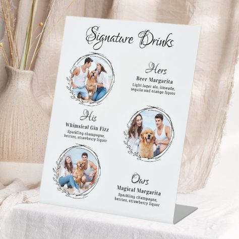 Custom Signature Drinks 3 Photo Dog Pet Wedding Pedestal Sign Dog Bar Sign, Wedding Pedestal, Wedding Photo Collage, Decor For Wedding, Feuille Eucalyptus, Custom Signature, Signature Drinks Sign, Wedding Pets, Drink Signs