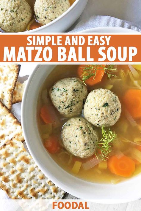 Chilly night? Warm up with a bowl of vegetarian matzo ball soup. Enjoy every spoonful of broth subtly infused with flavors from leeks and carrots. And with homemade dumplings made from matzo crackers, you'll love how hearty this meal tastes. Get the simple and easy recipe now on Foodal. #matzoballsoup #foodal Matzo Ball Soup Recipe Vegetarian, Matzoball Soup, Matzah Ball Soup Recipe, Soup With Leeks, Passover Recipes Dinner, Matzo Ball Soup Recipe, Matzah Ball Soup, Holiday Recipies, Matzah Ball