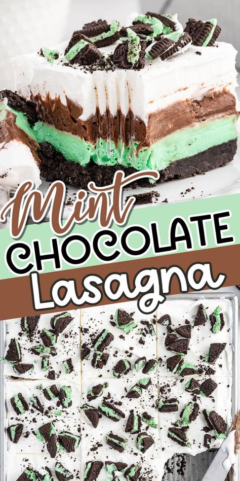 Mint Chocolate Lasagna Mint Trifle Desserts, Christmas Lasagna Dessert Recipe, Mint Flavored Desserts, Dessert With Mint Oreos, Shamrock Dessert Lasagna, Mint Oreo Birthday Cake, No Bake Oreo Mint Cheesecake, Shamrock Lasagna Recipe, Mint Lasagna Dessert