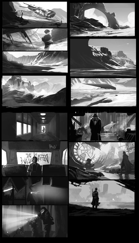 ArtStation - ATA- 2021 OCT Mentorship Concept Art Thumbnails, Greyscale Background, Character Composition, Value Painting, Game Background Art, Thumbnail Background, Environment Painting, Storyboard Illustration, Comic Layout