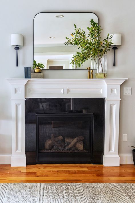 Rectangle Mirror Mantle Decor, Lighting Over Fireplace Mantles, Pictures On Sides Of Fireplace, Short Fireplace Mantle Decor, Wall Lights Above Fireplace, Mantle Wall Sconces, Mantle Decor With Sconces, Arch Mirror Mantle Decor, Mantle Decorating Ideas With Sconces