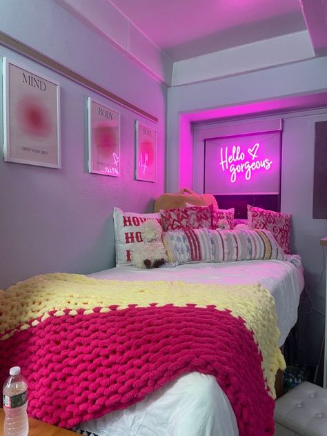 Dorm Decor Colorful, Pink And Silver Dorm Room Ideas, Dorm Room Ideas Neon Sign, Dorm Decorations Pink, Hot Pink Dorm Room Aesthetic, Girly College Dorm Room Ideas, Single Dorm Room Ideas Pink, Party Dorm Room, Sunset Dorm Room Ideas