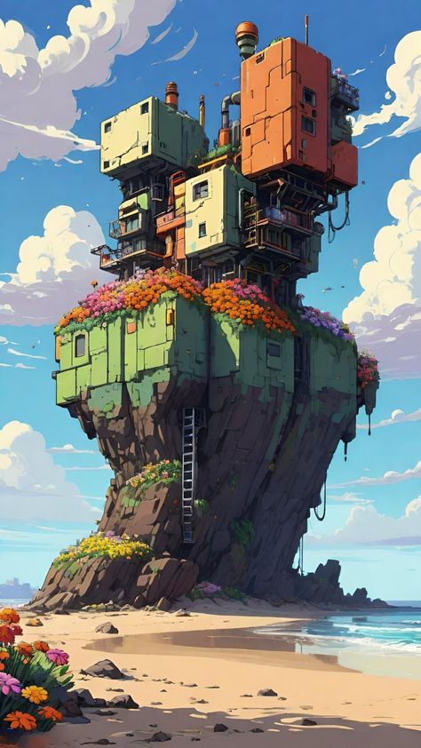 pixel art, game art, 8 bit, basic, simple concept art, beautiful landscape with gigantic colorful machine funky factory base color sculpture on beach cliffs, set against a beautiful sunny clouds galaxy space sky backdrop, portrayed in a photorealistic style. vegetation, abundance, love, detail, flowers, plants, grass, sand, beach, based, apartments Environment Design Concept Art, Utopia Concept Art, Simple Concept Art, Stylized Environment Concept Art, Minecraft Concept, Color Sculpture, Imaginary Landscapes, Sky Backdrop, Sunny Clouds