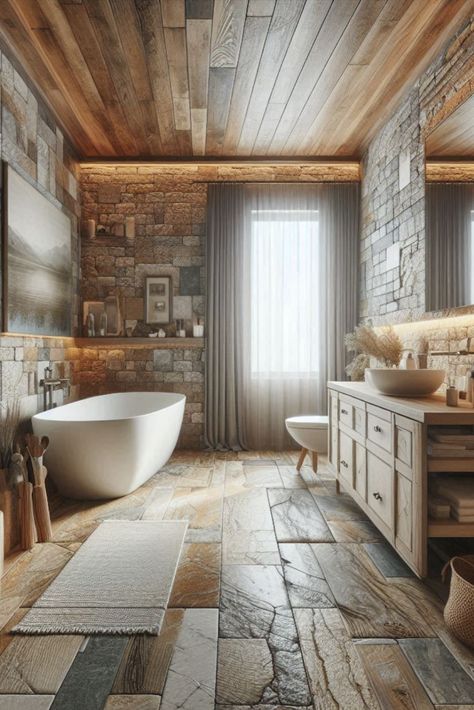 Embrace the beauty of nature with these rustic natural stone tiles. Varied textures create a luxurious, organic feel. #StoneTiles #NaturalTextures Natural Stone Flooring Bathroom, Stone Flooring Bathroom, Stone Bathroom Flooring, Stone Bathroom Floor, Stone Floor Bathroom, Flooring Bathroom, Tile Decor, Natural Stone Tiles, Tiles Ideas