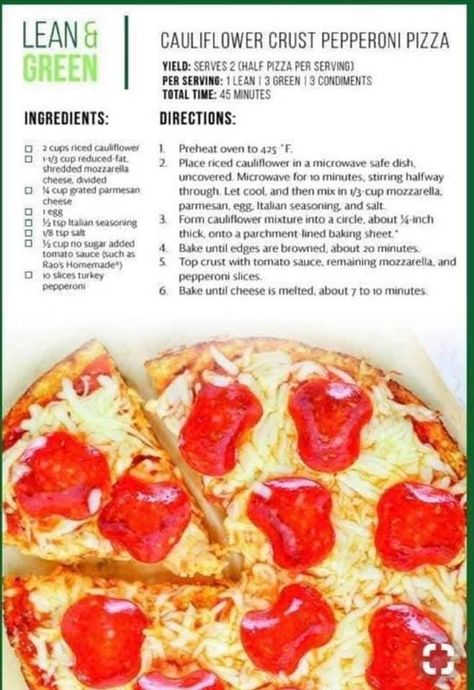 Lean Dinners, Cauliflower Pizza Recipe, Green Pizza, Medifast Recipes, Cauliflower Pizza Crust Recipe, Lean Protein Meals, Lean And Green, Green Meals, Lean Meals