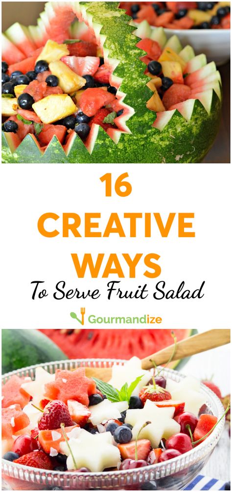 Fruit salad can get a bit repetitive in the summer, but make yours mouthwateringly tempting with these 16 creative ways to serve fruit salads. #fruitsalads #fruit #fruitdessert #fruitsaladrecipes #easyfruitsalad #fruitsaladideas #creativerecipes #servingfruitsalad Creative Ways To Serve Food, Fruit Salad Presentation Serving Ideas, Fancy Fruit Salad Presentation, Fruit Salad Display Ideas, Fun Ways To Serve Fruit, Fruit Salad Ideas Creative, Fruit Salads For Parties Creative, Fruit Serving Ideas, Fancy Fruit Salad