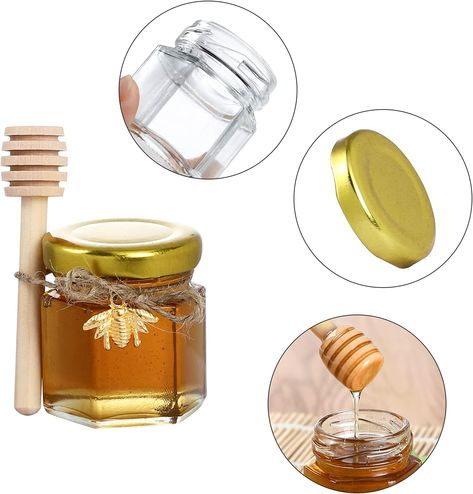 1.5 oz Hexagon Mini Glass Honey Jars -30Pack Honey Jars with Wood Dipper, Gold Lid, Bee Pendants, Jutes - Perfect for Baby Shower, Wedding Honey Jar Wedding Favors, Mini Glass Jars, Honey Jars, Honey Wedding Favors, Small Bees, Bee Pendant, Bottle Storage, Honey Jar, Perfect Baby Shower