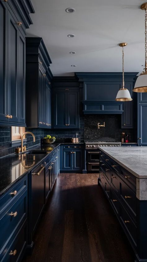 Dark Blue And Gold Kitchen, Blue Theme Kitchen, Deep Teal Kitchen Cabinets, Dark Blue Kitchen Aesthetic, Dark Navy Blue Kitchen Cabinets, Dark Blue Apartment Aesthetic, Dark Blue Pantry, Dark Interior Kitchen, Dark Navy Blue Kitchen