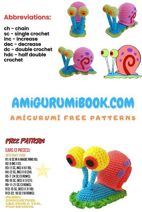 Craft Your Own SpongeBob Snail Amigurumi – Free Crochet Pattern - Free Amigurumi Crochet Patterns Spongebob Crafts, Spongebob Characters, Crochet Skull Patterns, Crochet Snail, Disney Crochet Patterns, Free Amigurumi Crochet Patterns, Crochet Toys Free Patterns, Crochet Skull, Crochet Toys Free