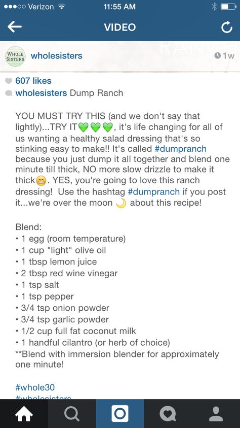 Paleo dump ranch recipe from whole sisters via Instagram Whole Sisters Dump Ranch, Whole 30 Menu, Dump Ranch, Paleo Dressing, Paleo Foods, Ranch Recipe, Food Eating, Healthy Salad Dressing, Diet Ideas