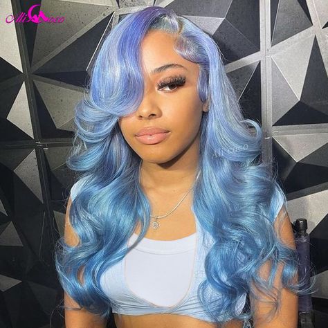 Ombre Ice Blue 13x6 13x4 Lace Front Wigs HD Transparent Body Wave Human Hair Wig 613 Colored Human Royal Blue Wig, Blue Lace Front Wig, 13x4 Lace Front Wig, Frontal Wig Hairstyles, Hair Color Unique, Edges Hair, Blue Wig, Color Wave, Hot Hair Styles