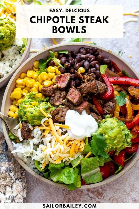 Steak And Rice Bowls Meals For Two High Protein, Healthy Protein Bowls Lunch, Tuna Steak Rice Bowl, Steak Burrito Bowl Meal Prep, Sirloin Meal Prep, Steak And Sweet Potato Bowls, Thai Noodle Bowl Recipes, Mexican Protein Bowl, Southwestern Bowl Recipe