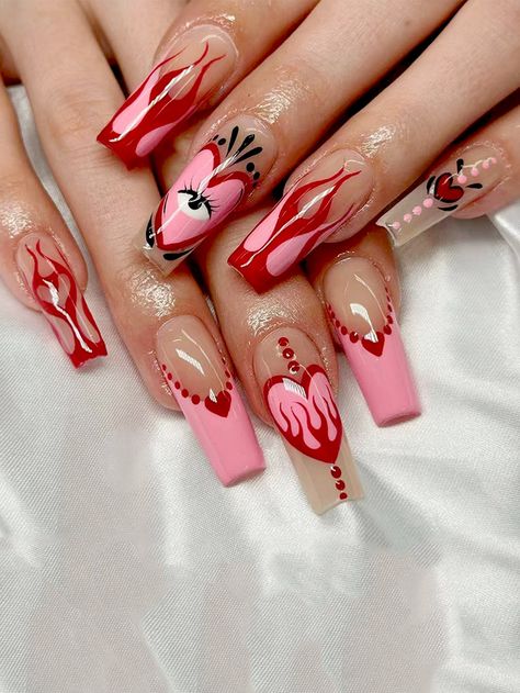 Long Press On Nails, Nagel Tips, Coffin Press On Nails, Nagel Inspo, Girls Nails, Fire Nails, Funky Nails, Dope Nails, Valentine's Day Nails